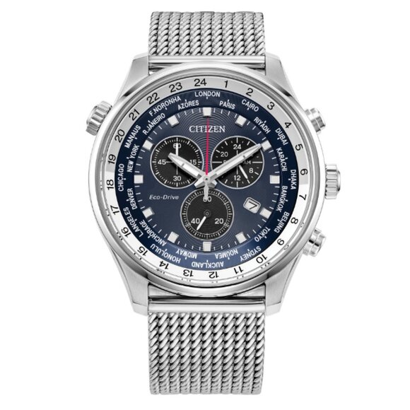 CITIZEN AT0368-82L BLUE DIAL SILVER STAINLESS STEEL MESH BAND MENS 43MM WATCH